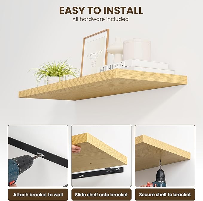 Dreamland 24" Floating Shelves for Wall, 12" Deep Slim Oak Floating Shelves, Wall-Mounted Shelves for Bedroom, Living Room, Kitchen, Bathroom - Set of 2