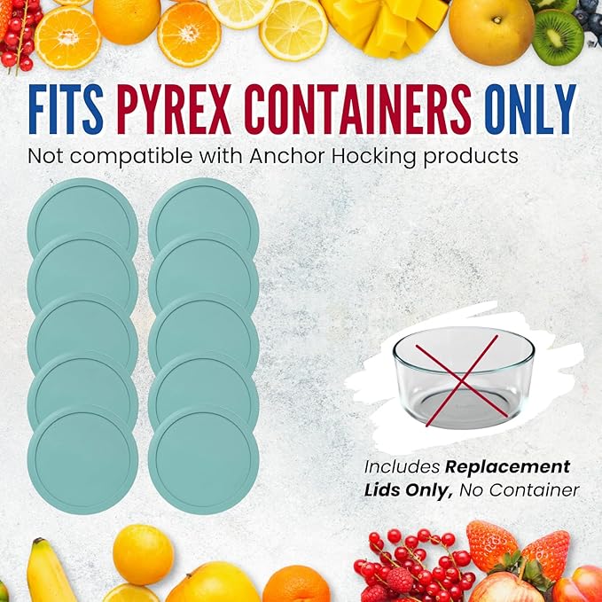 Replacement Lids fits Pyrex 6 & 7-Cup Glass Food Storage Container Bowls, 7.5-Inch Plastic Round Lids Covers for Pyrex 7402-PC, Airtight & Leakproof (10-Pack, Turquoise)