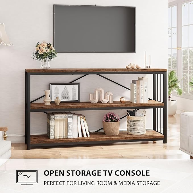 LVB Rustic 3 Tier Entryway Table, Industrial Long Wood Sofa Table Behind Couch,Farmhouse Narrow Console Table with Storage Shelf, Modern Hallway Entry Table for Foyer Living Room, Rustic Brown, 63