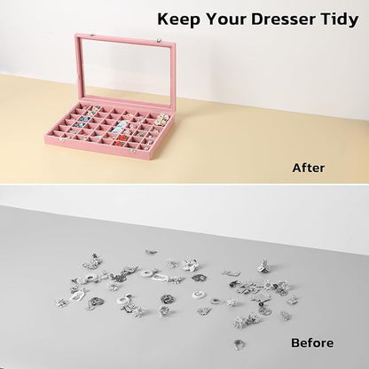 Frebeauty 40 Grid Jewelry Tray,Adjustable Earring Holder Organizer with Glass Lid,Velvet Drawer Jewelry Organizer for Rings,Studs,13.8 x 9.5 x 2 Inches Jewelry Display Box,Gift for Women(Pink)