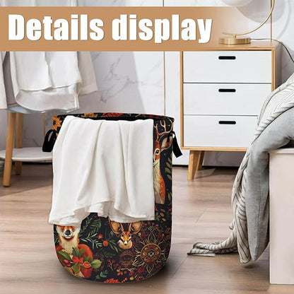 Retro Deer Owl Fox Laundry Basket, Foldable Wild Animals Floral Laundry Hamper Tote Bag Dirty Clothes Storage Bucket Toy Organizer for Bathroom/Laundry/Bedroom 15.7"x19.6"