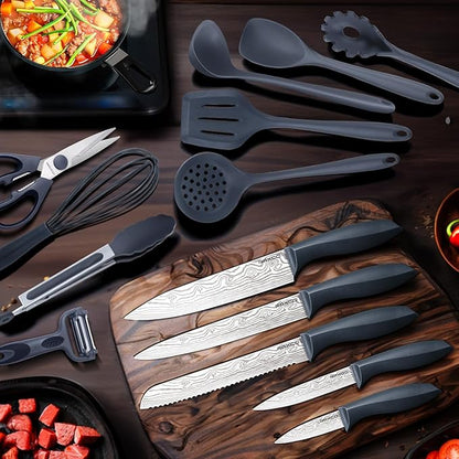 RAXCO Kitchen Set,18-Piece Cooking Utensils and Kitchen Knife Set,Gray | 7-Piece Kitchen Utensils Heat-resistant to 410°F,5-Piece Sharp Knife,5-Piece Cooking Tools and Cutting Board In One