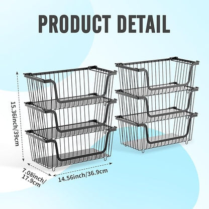 GAOKASE 6 Pcs Stackable Wire Baskets for Pantry Organizers and Storage,Vegetable Fruit Basket for Countertop,Kitchen Storage Metal Baskets,Produce Potato Onion Storage Bin,Black