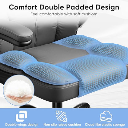 Executive Leather Office Chair, Computer Chair with Thick Cushion & Lumbar Support, Ergonomic Desk Chair with Adjustable Headrest & Armrests,Grey