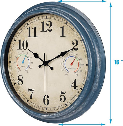 16 Inch Outdoor Clock with Thermometer and Hygrometer Combo, Waterproof Rustic Vintage Indoor Outdoor Large Wall Clocks for Patio, Pool, Garden, Living Room Decor- Blue