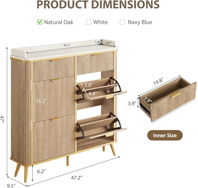 Shoe Cabinet with 4 Flip Drawers and 2 Drawers, Modern Fluted Wood Shoe Storage with Adjustable Shelves, Narrow Slim Shoe Organizer for Entrance, Foyer, Hallway, Nature Oak