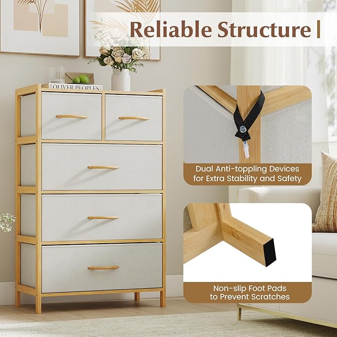 Giantex 5-Drawer Dresser for Bedroom, Bamboo Storage Tower with 5 Foldable Fabric Drawers & Top Shelf, Modern Chest of Drawers, Tall Vertical Organizer Unit for Closet, Living Room, Hallway, Natural