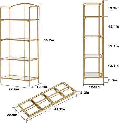 Crofy No Assembly Folding Bookshelf for Living Room, 4 Tier Gold Collapsible Book Shelf for Home Office, Portable Bookcase Storage Organizer