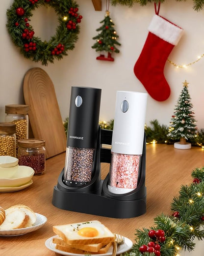Electric Salt and Pepper Grinder Set - Automatic Refillable Salt and Pepper Grinders with Charging Base & LED Light, 6-Level Adjustable Coarseness with External Dial, Ideal Kitchen Gadget，Black& White
