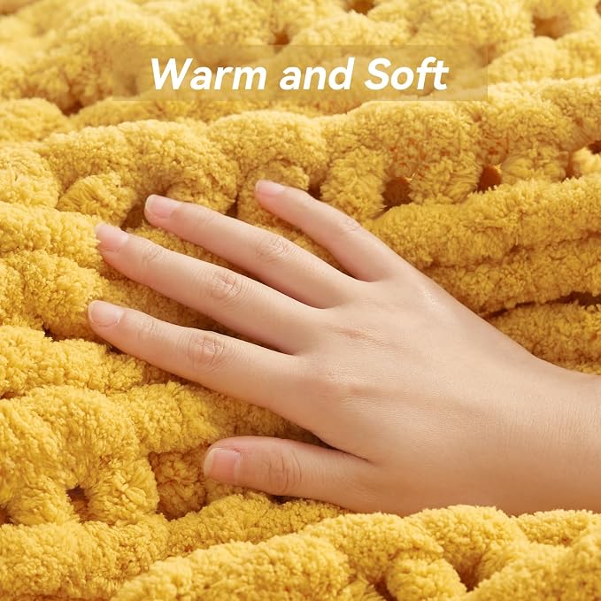 Negwoo Chunky Knit Throw Blanket, 60''*80'' Knitted Throw Chenille Yarn for Bed Couch, Handmade Yellow Crochet Big Thick Blanket, Machine Washable Cute Comfy Blanket for Home Decor