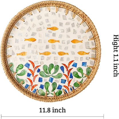 Round Rattan Tray with Mother of Pearl Inlay, Decorative Wicker Serving Tray with Wooden Base, Woven Basket Trays for Bread Fruits Coffee