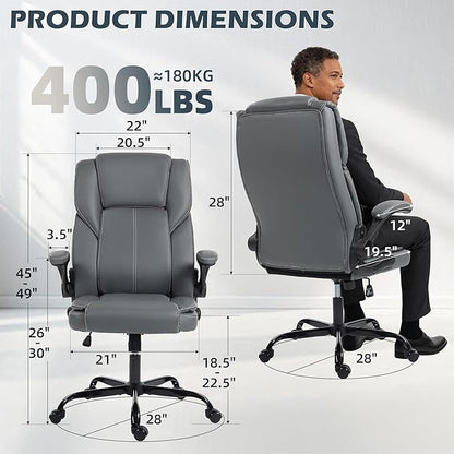 Office Chair - Executive Leather High Back Office Desk Chair with Rocking Function - Ergonomic Breathable Comfortable Wide Swivel Rolling Gaming Computer Chair with Flip-up Armrests & Lumbar Support