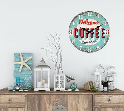 XFM Vintage Kitchen Wall Clock 12 Inch Silent Wooden Wall Clocks Battery Operated Blue Retro Round Clocks for Cafes Bar Farmhouse Office