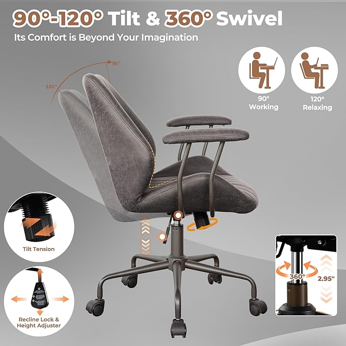 ovios Home Office Chair, Mid-Century Modern Faux Suede Leather Ergonomic Chairs, Mid Back Comfy Computer Swivel Rolling Task Executive Armchair, Grey