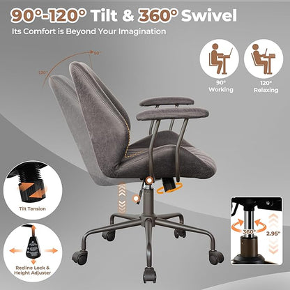 ovios Home Office Chair, Mid-Century Modern Faux Suede Leather Ergonomic Chairs, Mid Back Comfy Computer Swivel Rolling Task Executive Armchair, Grey