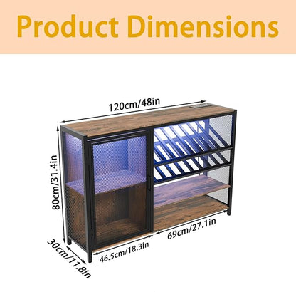 48" Wine Bar Cabinet with Power Outlet, Industrial Coffee Bar Cabinet with LED Strip, Liquor Bar Cart with Wine Rack and Glass Holder for Living Room Dining Room Kitchen, Rustic Brown