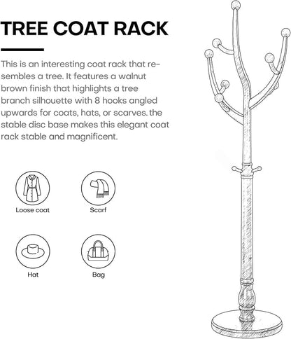 Bekrvio Wood Freestanding Coat Rack Coat Tree with Round Base, Walnut | Unique Coat Hanger Stand, Heavy Duty Standing Coat Rack, For Jacket, Hat, Bags For Entryway, Hallway, Bedroom, Apartment
