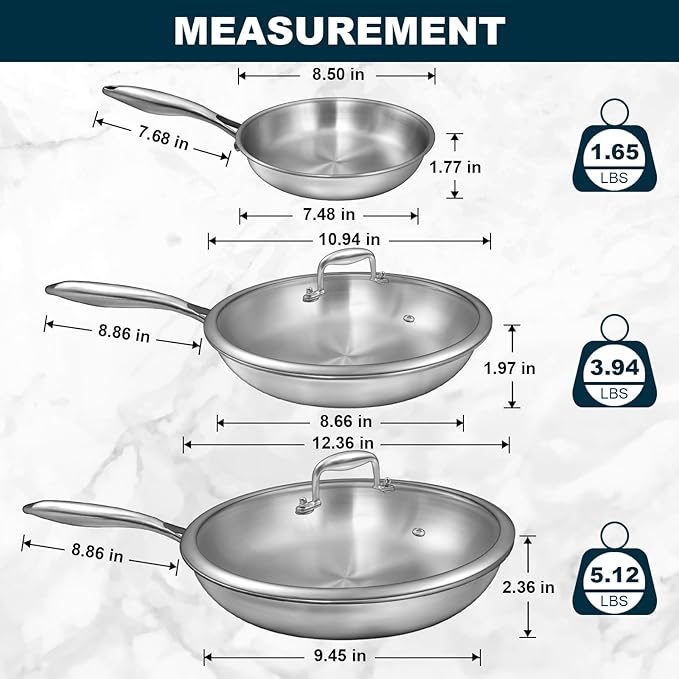 Tri-Ply Stainless Steel Frying Pans Set with Lid, EWFEN 8”/10”/12” Cooking pans, PFOA&PTFE Free Skillet, Induction Cooking Pan, Dishwasher and Oven Safe, Fast & Even Heat, Suitable for All Stove
