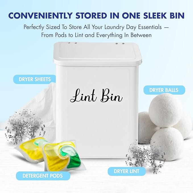 Magnetic Lint Bin for Laundry Room – Black Metal Lint Holder with Lid – Wall Mount & Magnetic Trash Can – Modern Farmhouse Style for Laundry Room Organization and Storage