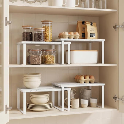 CADUKE Counter Shelf Set of 4 Kitchen Cabinet Shelf Organizer Stackable Expandable Countertop Shelf Organizer Spice Rack for Bathroom Pantry Racks,Metal and Engineered Wood, Marble White