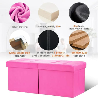 AmasSmile® Storage Ottoman Foot Rest Stool, 34 inch Velvet Footstool Bench, Short Ottoman Stool, Small Folding Storage Ottoman Store Books, Records, Rose