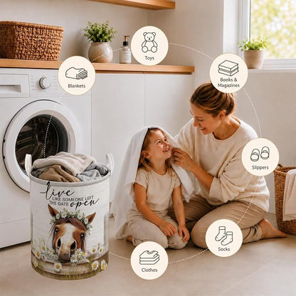 Farmhouse Daisy Floral Horse Laundry Basket, Horse Lovers Gifts Laundry Hamper Waterproof Collapsible Clothes Toys Storage Bin Organizer for Girls Room Bedroom Bathroom Home
