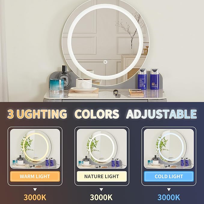 Makeup Vanity with Round Mirror,Light,Two Drawers,Cushioned Stool Set.Small Dressing Table for bedrooms and Dressing Rooms.Grey