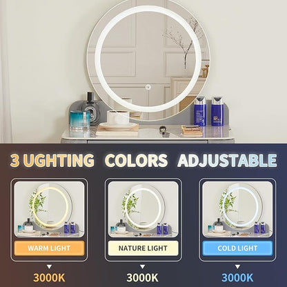 Makeup Vanity with Round Mirror,Light,Two Drawers,Cushioned Stool Set.Small Dressing Table for bedrooms and Dressing Rooms.Grey