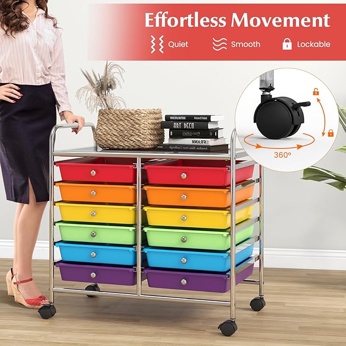 GOFLAME 12-Drawer Rolling Storage Cart, Multifunctional Art Craft Organizer Cart, Mobile Utility Storage Cart with Removable Drawers & Lockable Wheels, Craft Cart for Home Office School, Multicolored