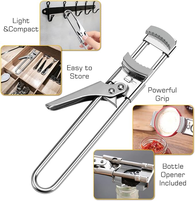 Jar Opener Bottle Opener, Adjustable Jar Openers, Multifunctional Stainless Steel Jar Lid Opener Gripper Can Opener for Weak Hands, Seniors with Arthritis, Manual, Kitchen Accessories