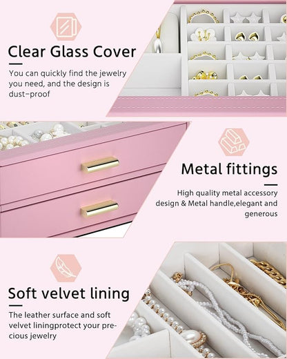 AKOZLIN Jewelry Box with Clear Lid Functional Leather Jewelry Storage Organizer Case 2 Drawers for Women Girls Necklace Ring Bracelet Earring