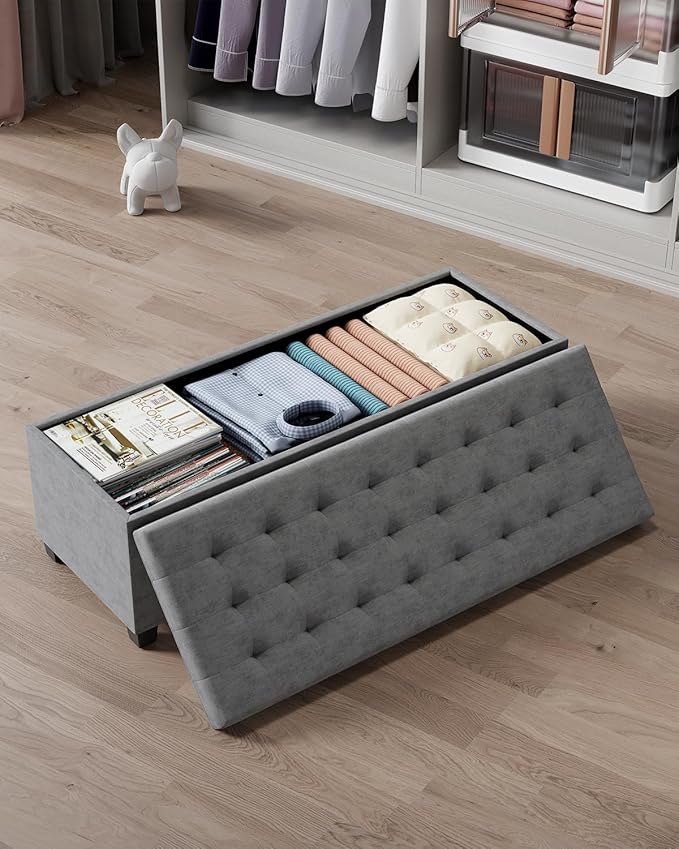 Chenille Storage Ottoman Bench with Legs, 43.5”W x 15.7”D x 15.7”H,Metal Frame end of Bed Bench Hold up to 770 LB,Large Storage Chest,Gray UASND621G