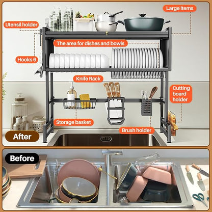 Over The Sink Dish Drainer Drying Rack 3 Tiers with Cover, Keep Kitchen Sink Shlef Organized Space-Saving Dish Drying Rack, Large Stainless Steel Sink Drying Rack for Dishes, Bowls, Cutlery (33.4"W)