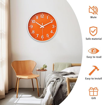 HZDHCLH Wall Clocks Battery Operated,Wall Clock Orange,14 inch Wall Clock Silent Non Ticking Modern 3D Numbers for Kitchen Bedroom Living Room Office Classroom Decor