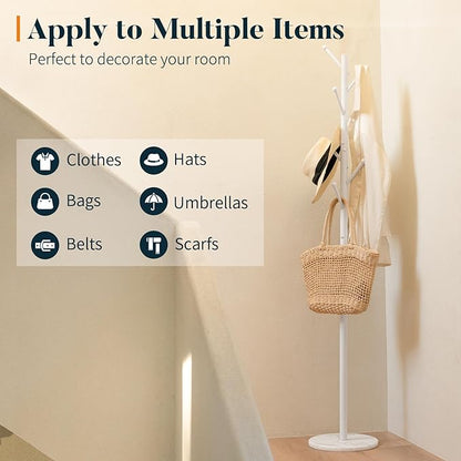 Yoobure Coat Rack Freestanding with Natural Marble Base - Coat Tree with 8 Hooks Heavy Duty Coat Hanger Stand, Metal Coat Rack Stand for Jacket, Hat, Clothes & Bag, Hall Tree Hat Rack for Entryway