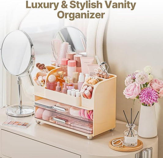 Makeup Organizer with Brush Holder, Makeup Organizer Countertop with 2 Drawers, Make up Organizers for Vanity, Vanity Organizer, Makeup Storage For Skin Cares,Makeup Brushes,Lipsticks,Perfumes(Cream)