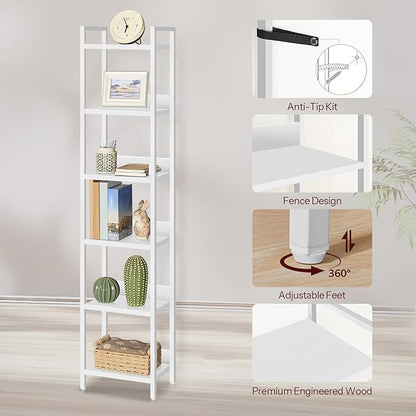 Bookshelf, 6-Tier Bookcase, Standing Book Shelf for Small Space, Storage Shelf Organizer, for Living Room, Bedroom, Study, Balcony, White BKBW6601