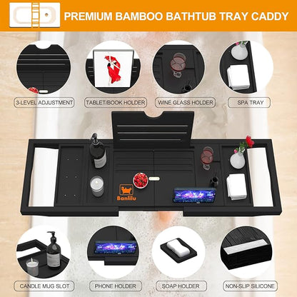 Premium Bathtub Tray Caddy - Expandable Bath Caddy Tray - Adjustable Bamboo Bath Caddy Tub Table - Unique House Warming Gifts New Home - Black