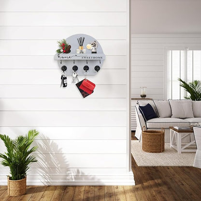 Key Holder for Wall, Key and Mail Holder Organizer - Key Holder Wall Mount with Bouquet Shelf and Key Hooks, Round Wooden Rustic Key Rack for Entryway and Home Decor (Gray)