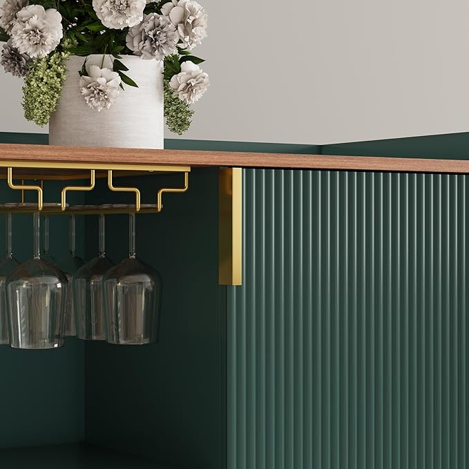 ARTPOWER 48" Wine Bar Cabinet with Fluted Texture, Modern Buffet Sideboard with Wine Rack and Glass Holder, Liquor Coffee Station with Storage for Kitchen, Living Room, Home Bar, Green