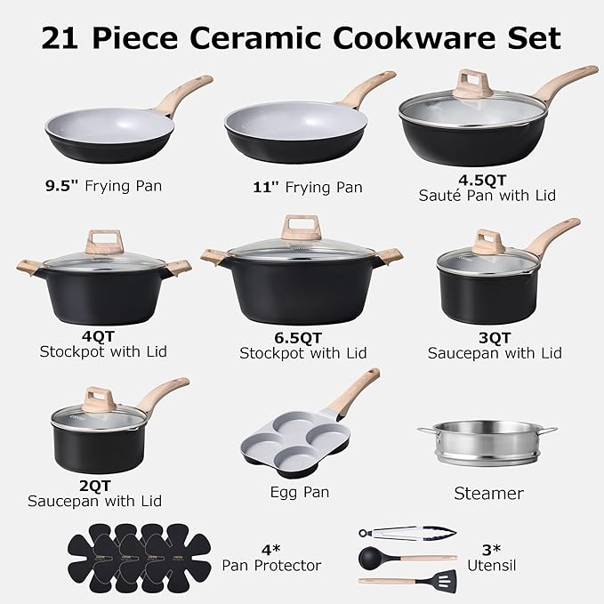 CAROTE 21pcs Pots and Pans Set Nonstick, Cookware Set Black Induction Kitchen Cooking Set w/Frying Pans & Saucepans(PFOS, PFOA Free)