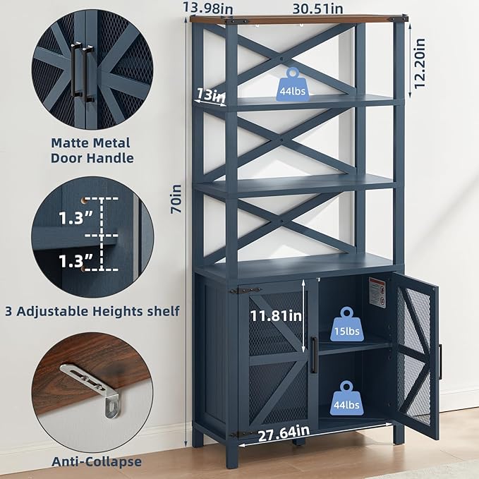 5 Tier Bookshelf 70" Tall Bookcase with Barn Doors,Large Farmhouse Display Book Shelf with Adjustable Shelves and Storage Cabinet，Library Wood Bookshelves for Living Room,Kitchen,Blue(3PCS)