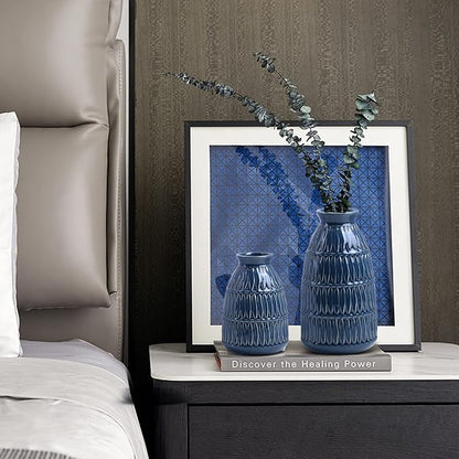 Yundu Navy Blue Ceramic Flower Vases for Home Decor Set of 3, Living Room Décor, Modern Farmhouse and Neutral Home Décor, Pmpas Grass Vase, Shelf, Mantle, Centerpieces Minimalist Décor