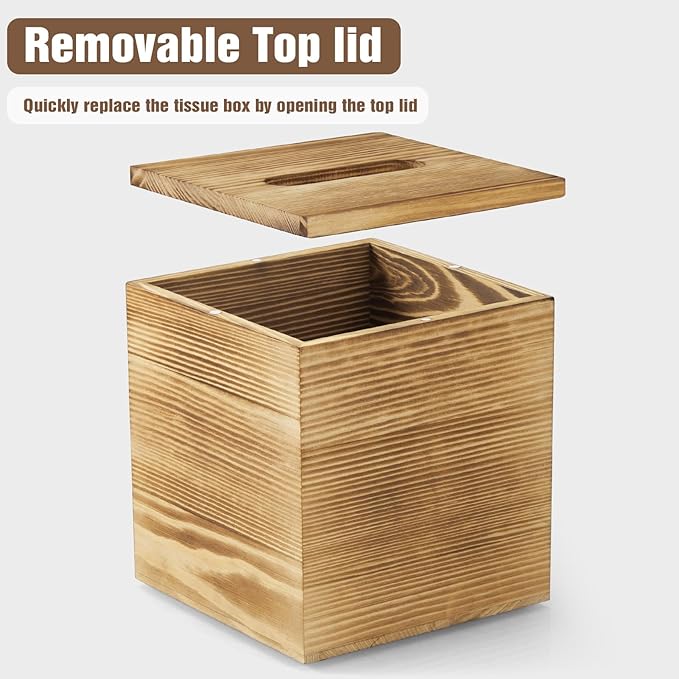 Dreamkey Square Burnt Wood Tissue Box Cover, Rustic Solid Wood Tissue Box Holder with Removable Top Lid for Bathroom, Bedroom, Living Room, Office, Brown