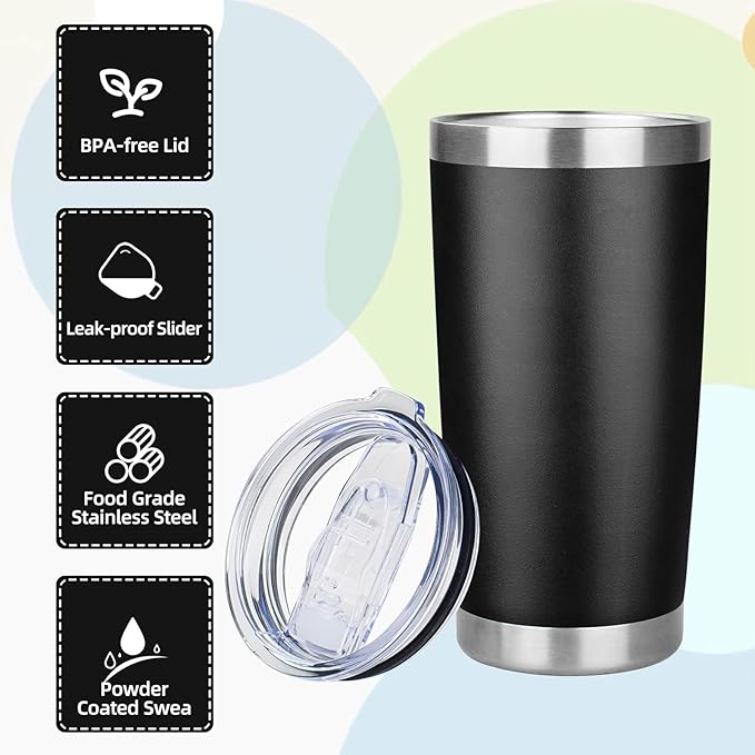 20oz Tumbler with Lid Stainless Steel Insulated Tumblers Travel Coffee Tumbler Bulk Double Wall Vacuum Insulated Water Cup Christmas Gifts for Women Men Her Him Home Office (Black, 1pack)
