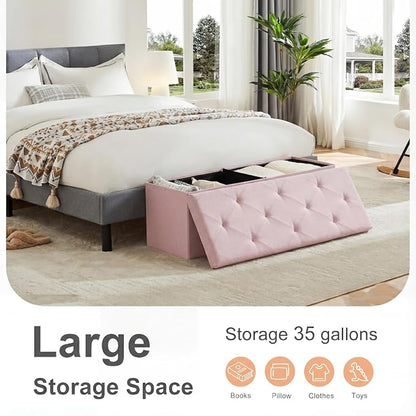 Sweetcrispy 43 Inch Folding Storage Ottoman Bench, Large Hidden Storage Chest with Padded Seat, Foot Rest Stool Supports Up to 660Lbs, End of Bed Bench for Bedroom, Living Room, Linen Fabric, Pink