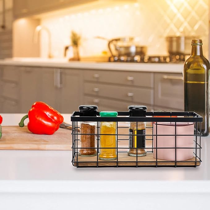 TIEYIPIN Farmhouse Small Metal Wire Storage Basket Bin, Rustic Home Storage Organizer with Wooden Bottom for Kitchen, Cabinets, Bathroom Counter, Pantry, Garage, Laundry Room - Black (2 Pack)