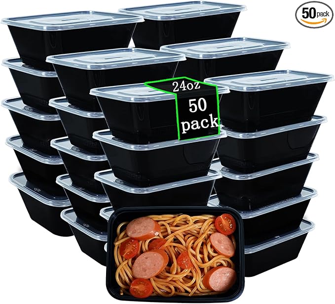 50 Packs 24 oz Disposable Meal Prep Containers with Lids,To Go Take Out Plastic Food Storage, Disposable Takeaway Boxes,Freezer, Dishwasher Safe Prep Containers,