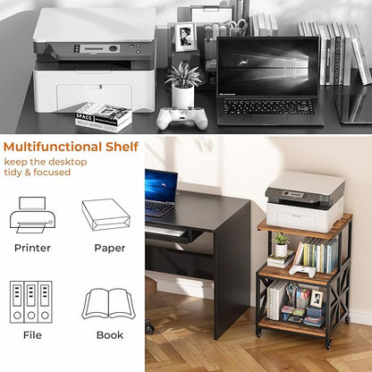 GreenForest Printer Stand with Lockable Wheels, Heavy Duty Printer Table | 3-Tier Storage Shelf, Fit 2-3 Printers/3d/Heat Press/Laser, Rolling Cart for Home Office, Small Spaces, 19.7"x17.7", Walnut
