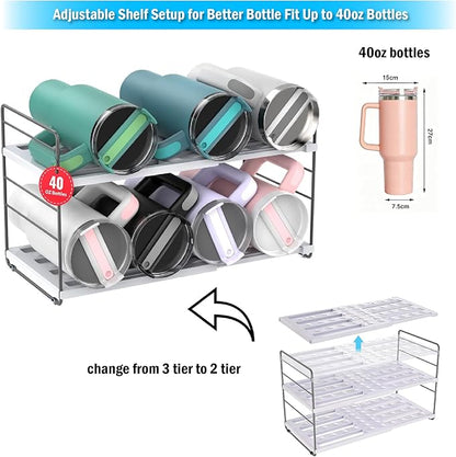 YAN & HIN Expandable Water Bottle Organizer for Cabinet, 3 Tier Tumbler Organizer, Adjustable Bottle Holder for Stanley, Hydro Flask, Kitchen Pantry Storage Rack (2 Pack)